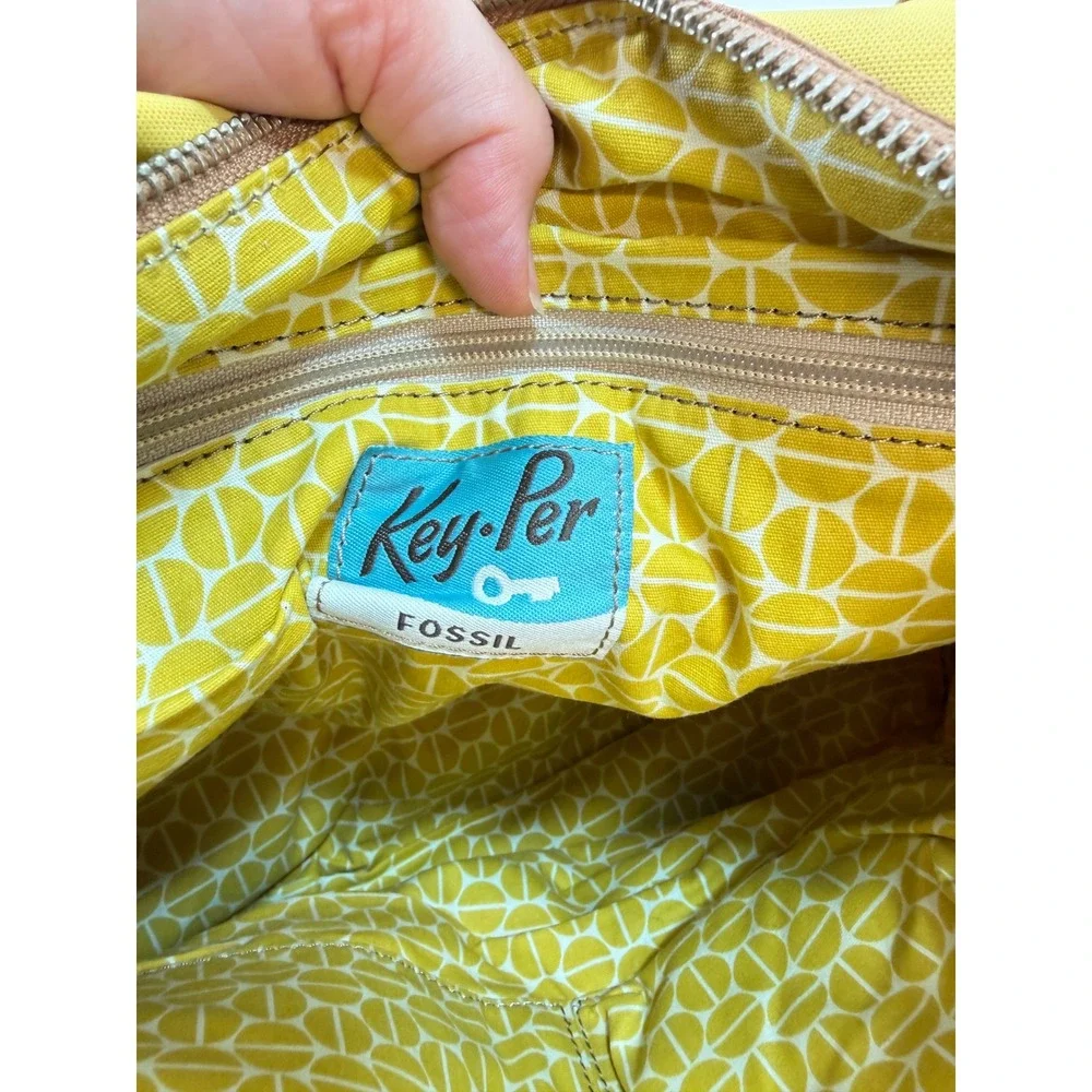 Fossil Key Per Duffle Satchel Yellow Nylon Leather Trim Crossbody Bag